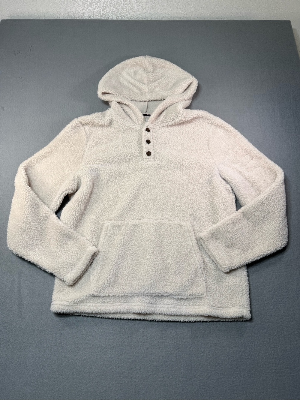 Sun & Stone Women’s  L White Fleece Pullover Hoodie Button Neck Kangaroo Pocket